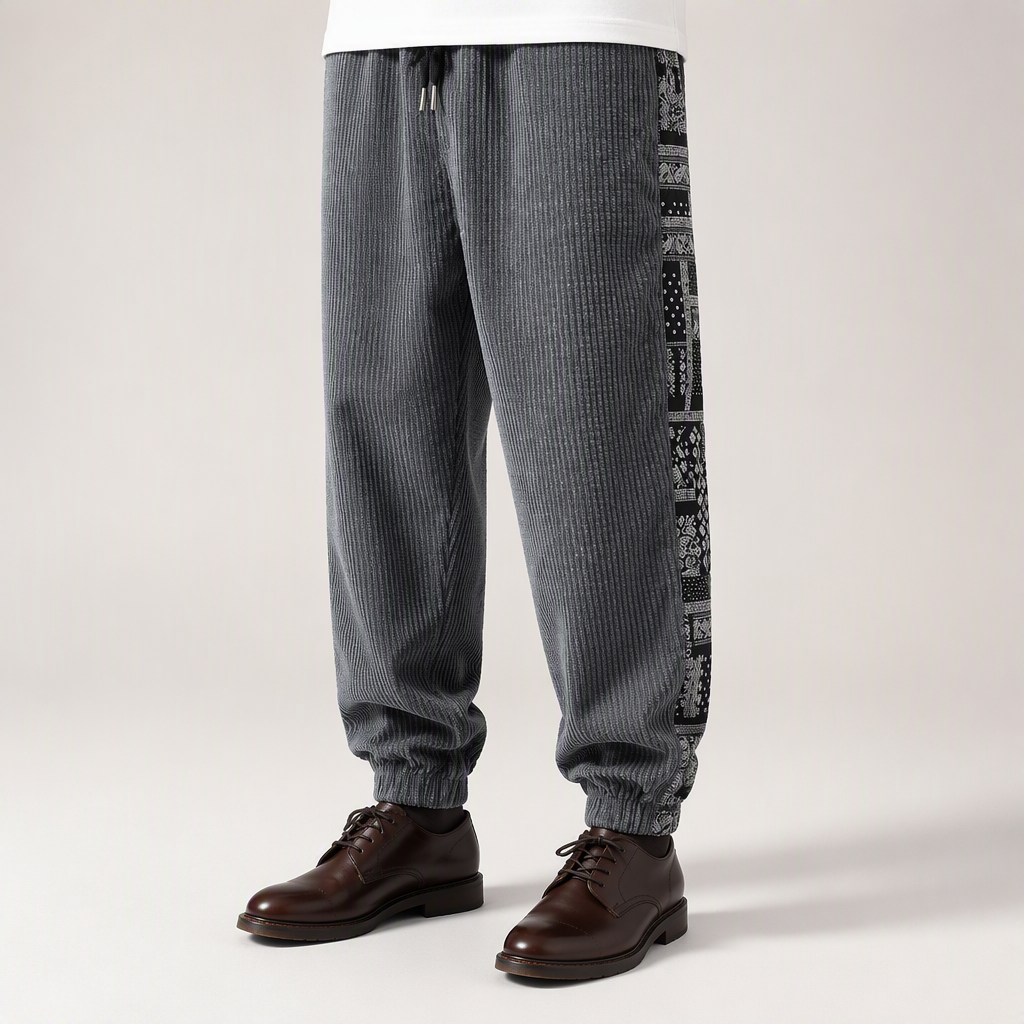 Quill | Mens Corduroy Straight Casual Loose Patchwork Trousers, Dark Grey