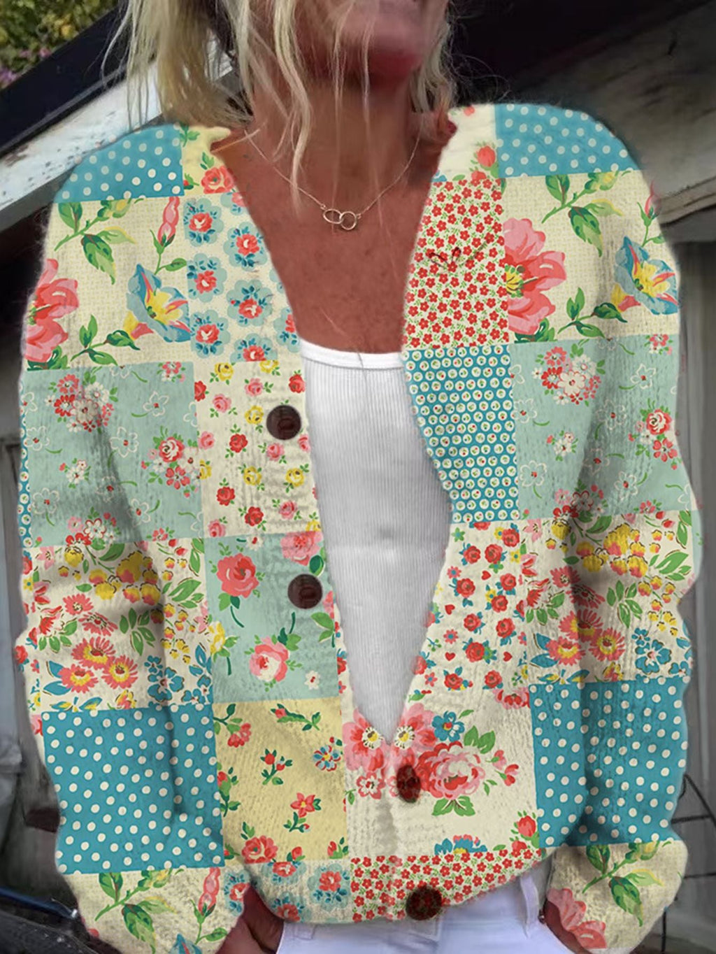 Raegan | Womens Printed Knit Cardigan Loose Long Sleeve Round Neck Sweater