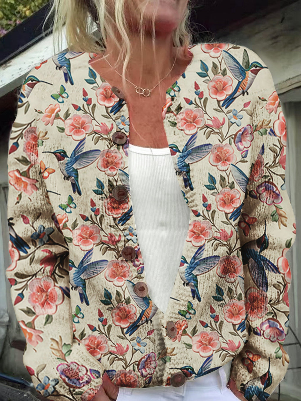 Raegan | Womens Printed Knit Cardigan Loose Long Sleeve Round Neck Sweater