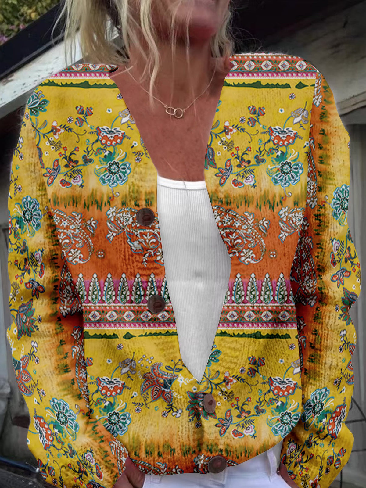 Raegan | Womens Printed Knit Cardigan Loose Long Sleeve Round Neck Sweater