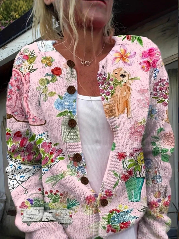 Raegan | Womens Printed Knit Cardigan Loose Long Sleeve Round Neck Sweater