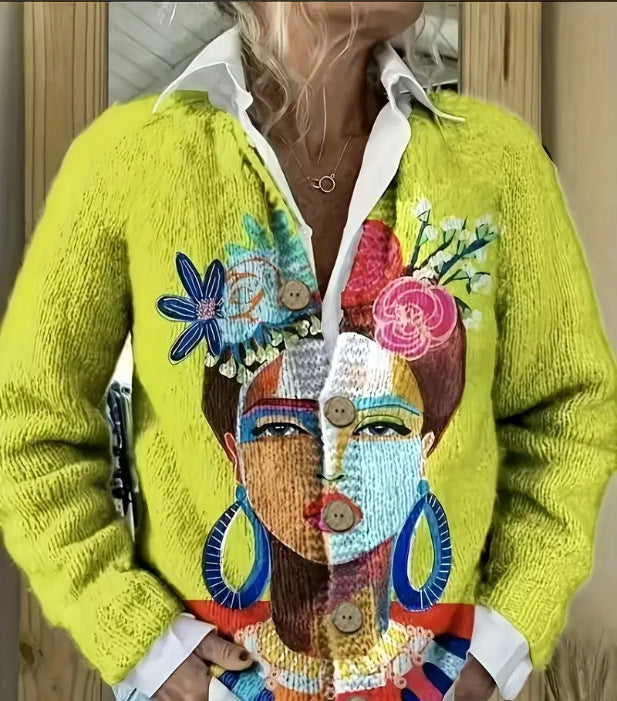 Raegan | Womens Printed Knit Cardigan Loose Long Sleeve Round Neck Sweater