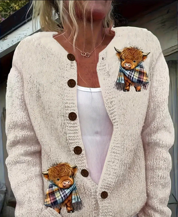 Raegan | Womens Printed Knit Cardigan Loose Long Sleeve Round Neck Sweater