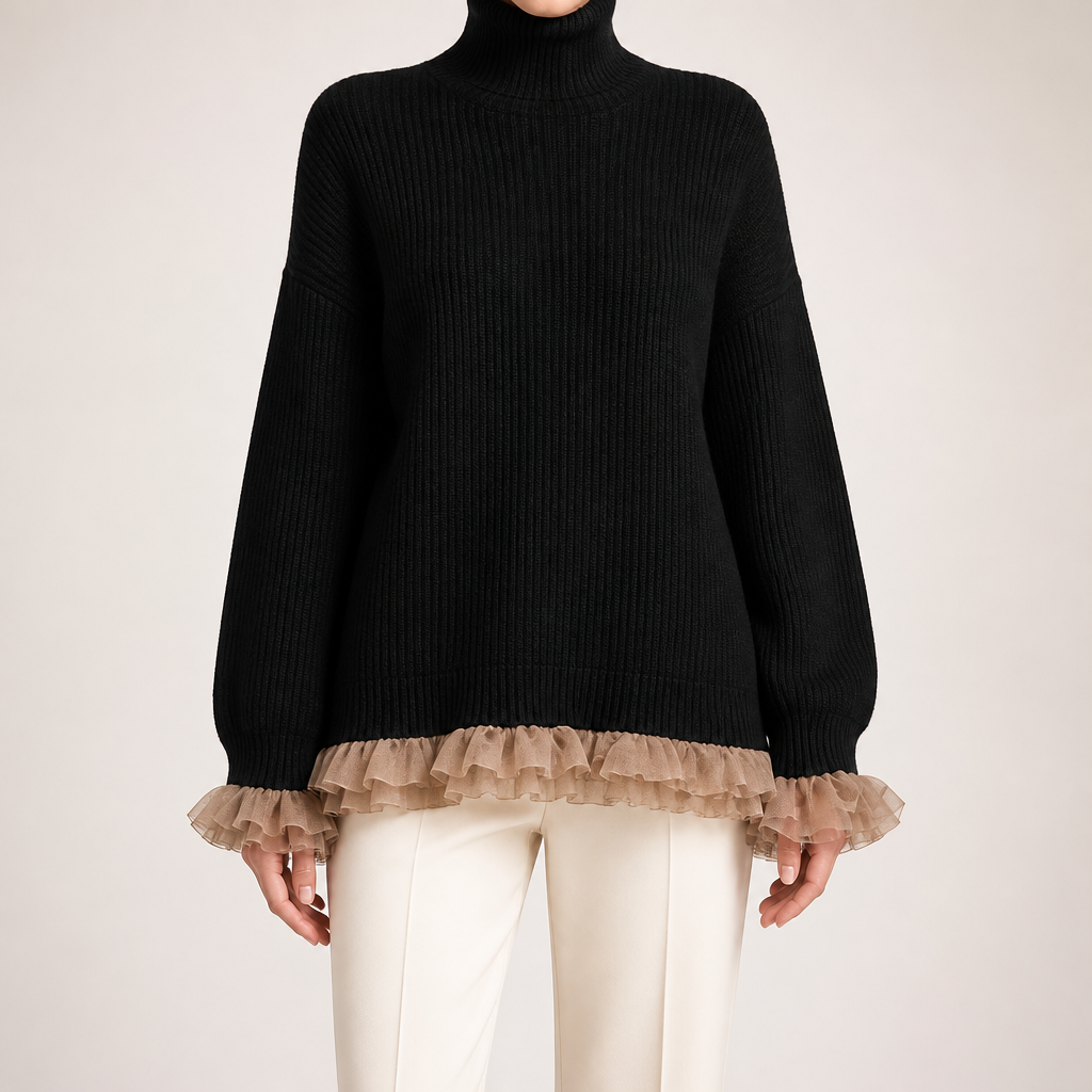 Ramona | Womens Knit Sweater High Neck Ruffle Warm Winter Pullover Top, Design 2