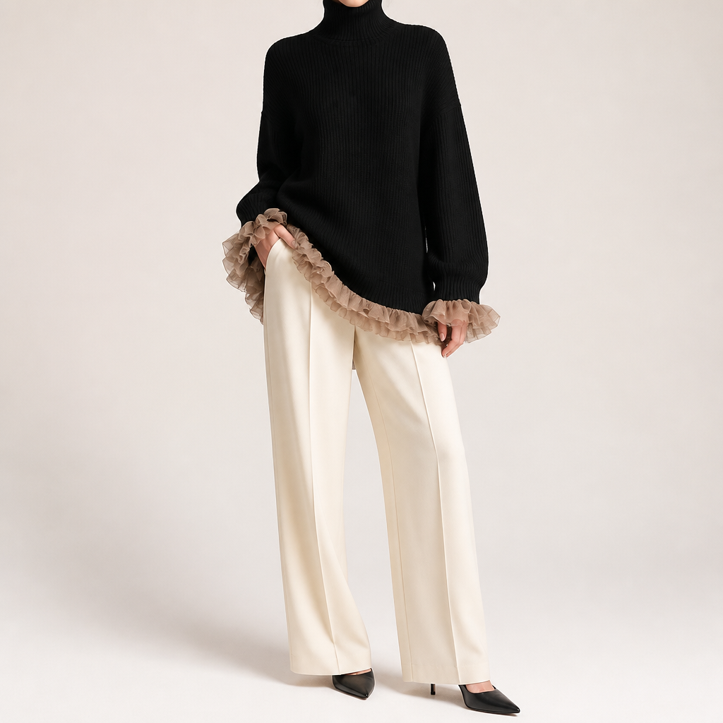 Ramona | Womens Knit Sweater High Neck Ruffle Warm Winter Pullover Top, Design 2