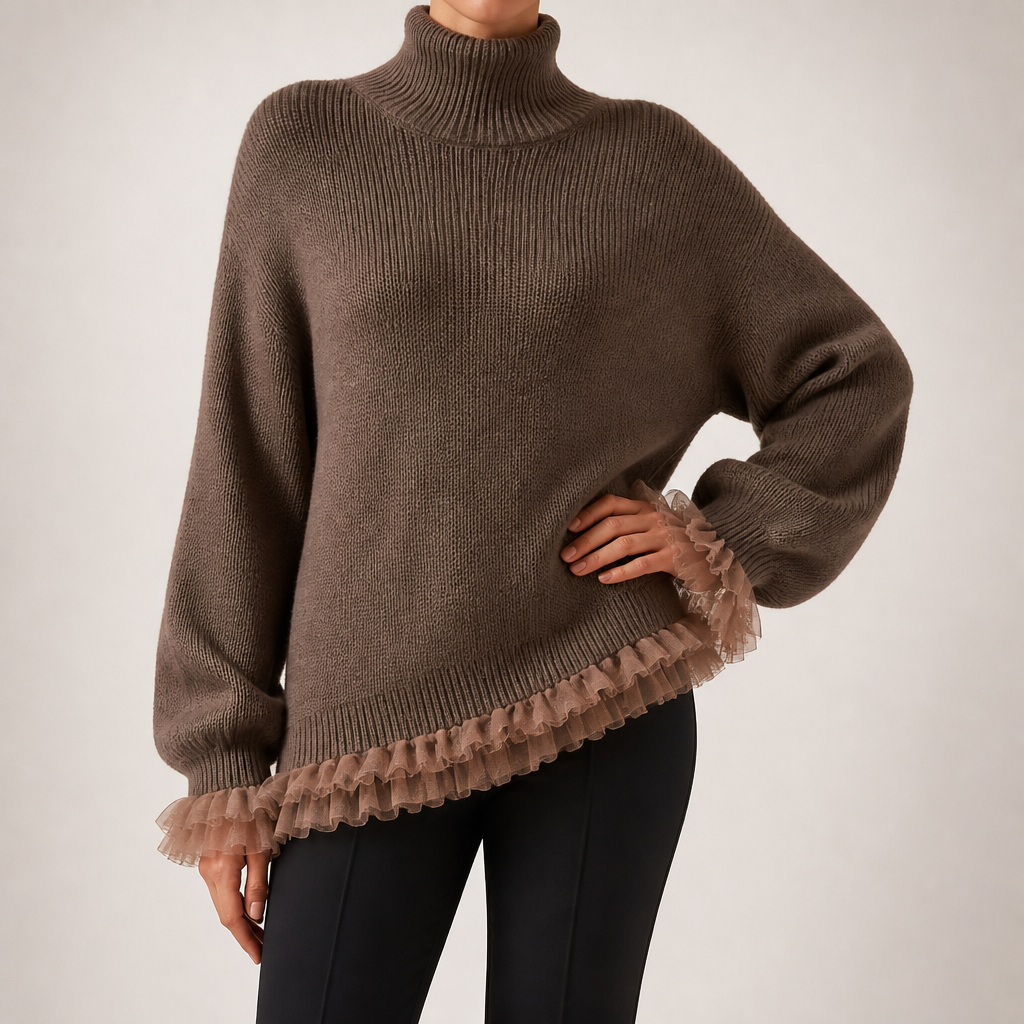 Ramona | Womens Knit Sweater High Neck Ruffle Warm Winter Pullover Top, Design 1
