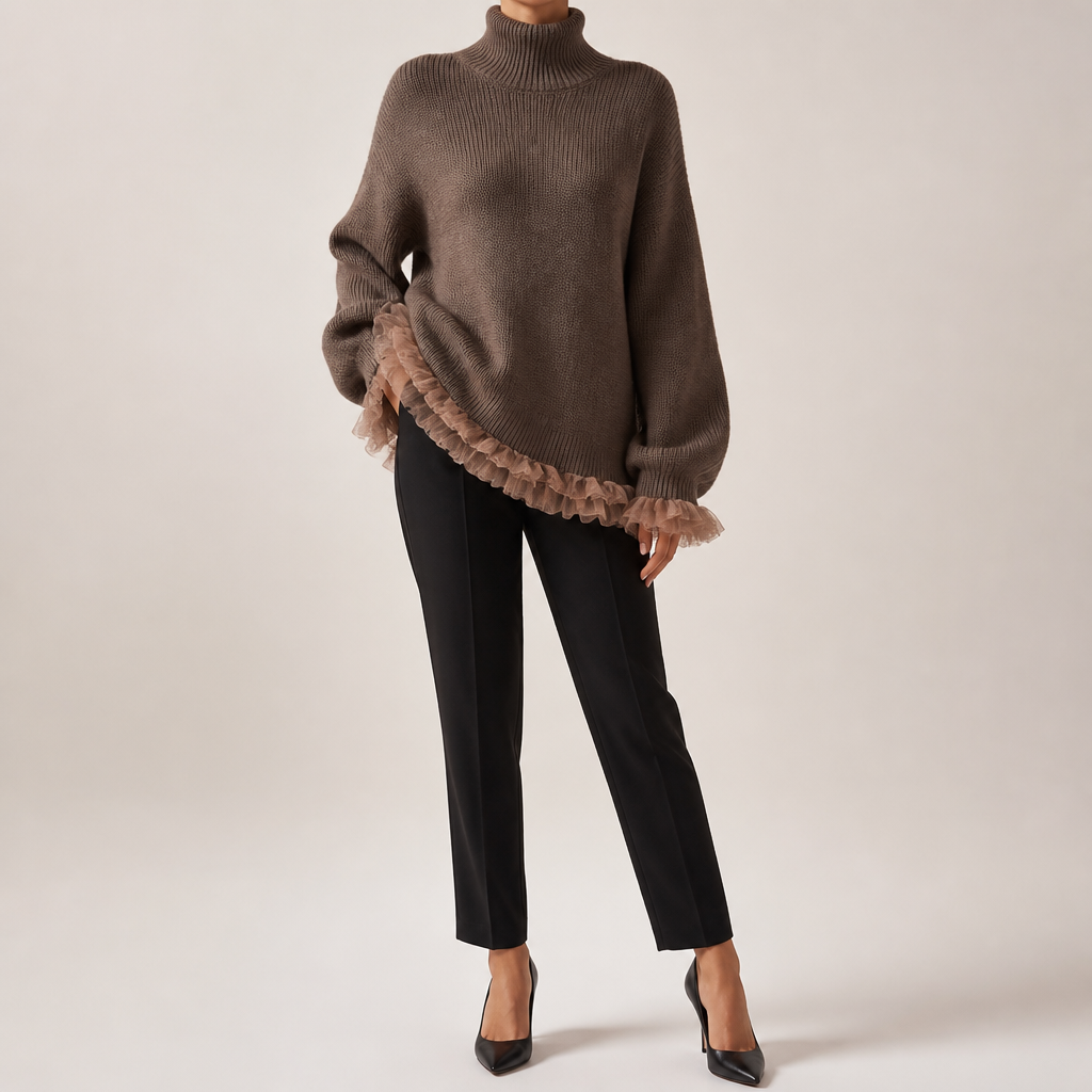 Ramona | Womens Knit Sweater High Neck Ruffle Warm Winter Pullover Top, Design 1