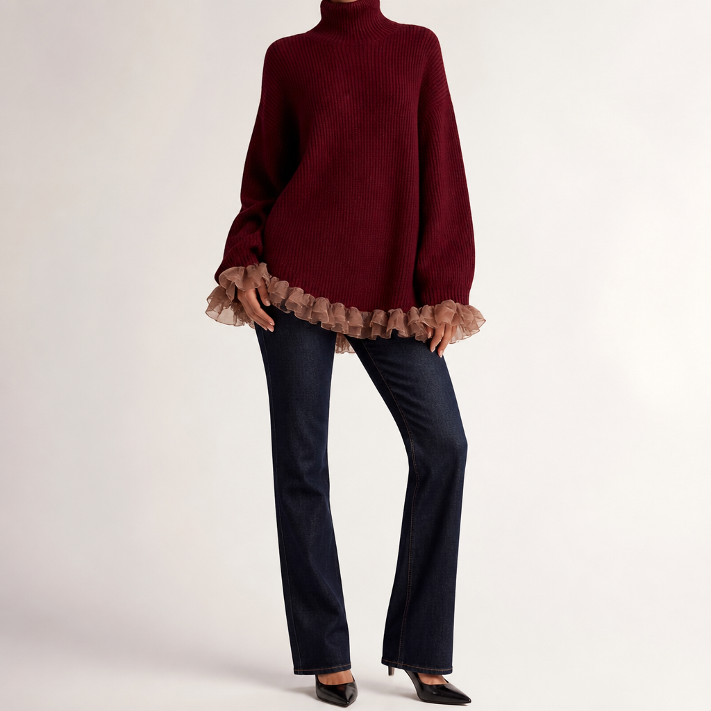 Ramona | Womens Knit Sweater High Neck Ruffle Warm Winter Pullover Top, Design 3