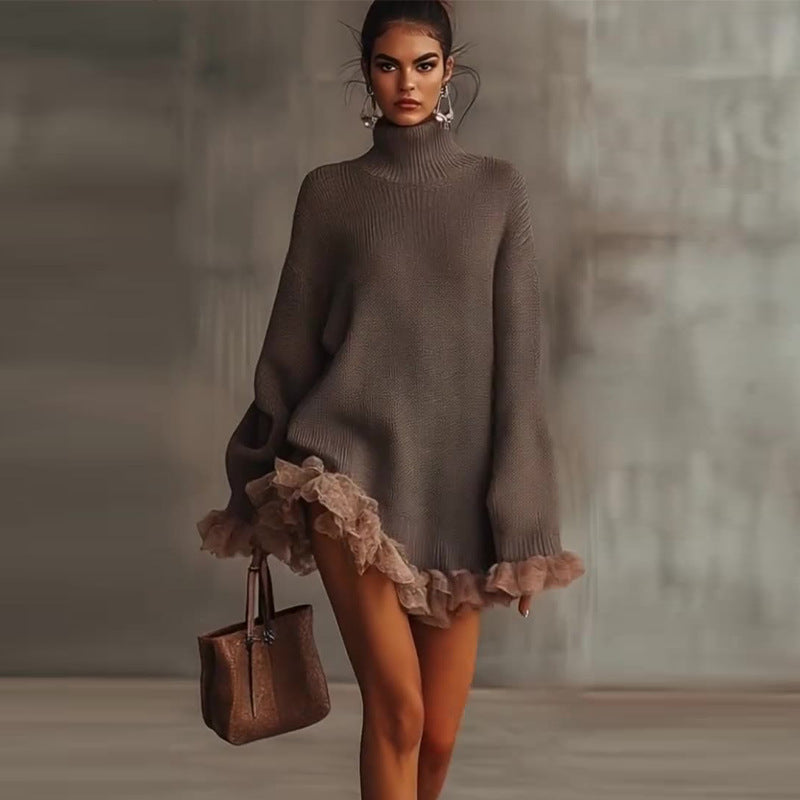 Ramona | Womens Knit Sweater High Neck Ruffle Warm Winter Pullover Top