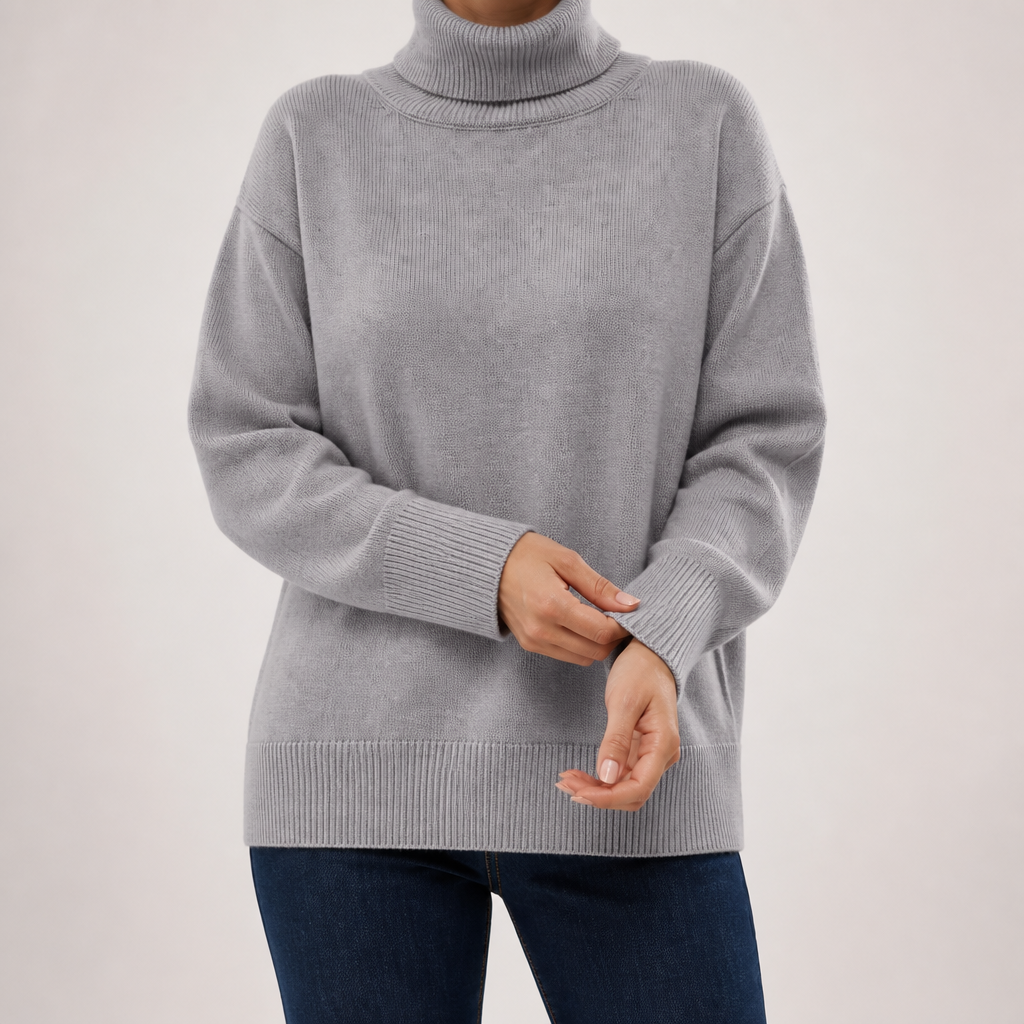 Reba | Womens Turtleneck Knit Long Sleeve Sweater, Grey