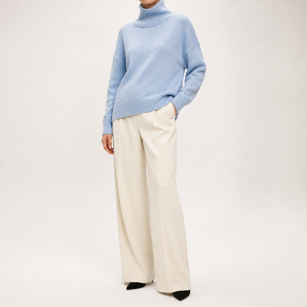 Reba | Womens Turtleneck Knit Long Sleeve Sweater, Light Blue
