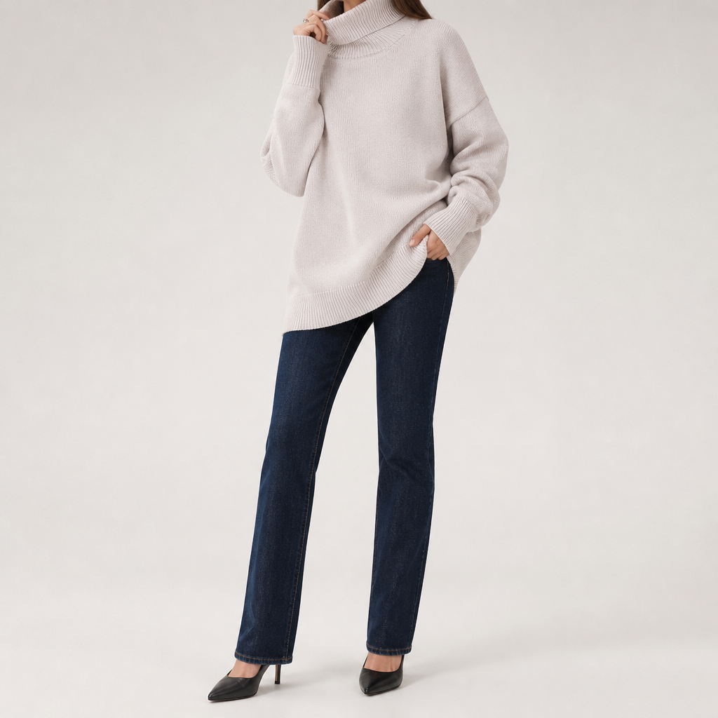 Reba | Womens Turtleneck Knit Long Sleeve Sweater, Apricot