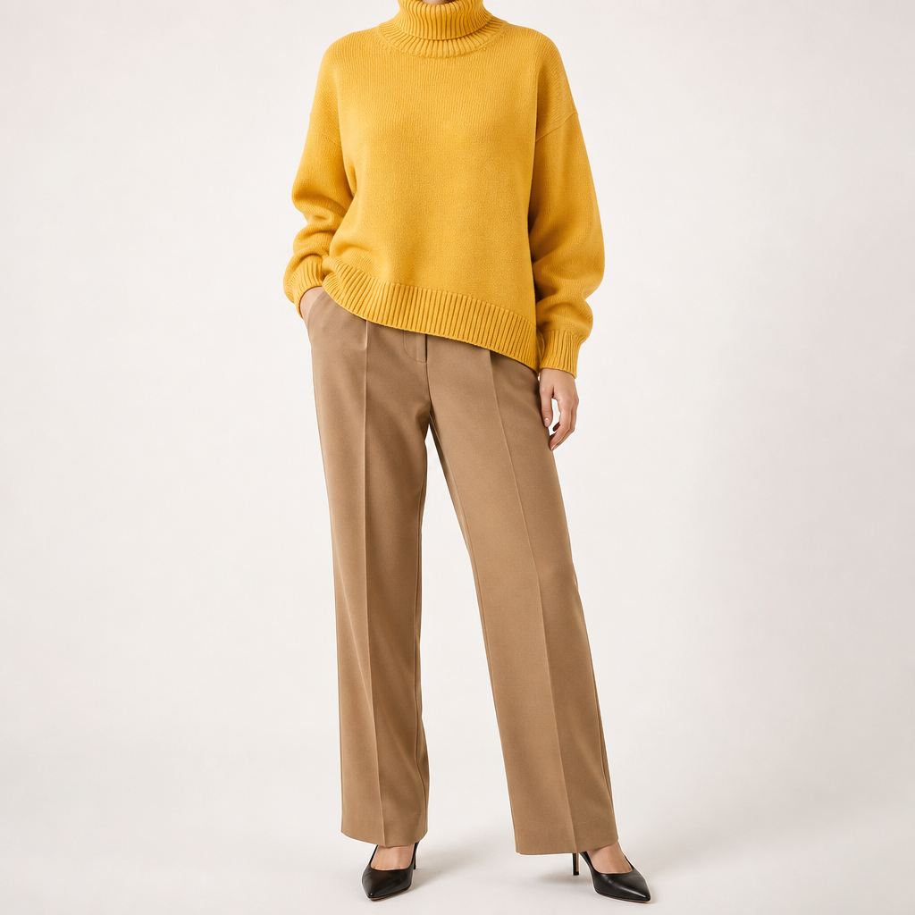 Reba | Womens Turtleneck Knit Long Sleeve Sweater, Yellow