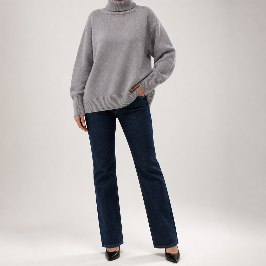 Reba | Womens Turtleneck Knit Long Sleeve Sweater, Grey