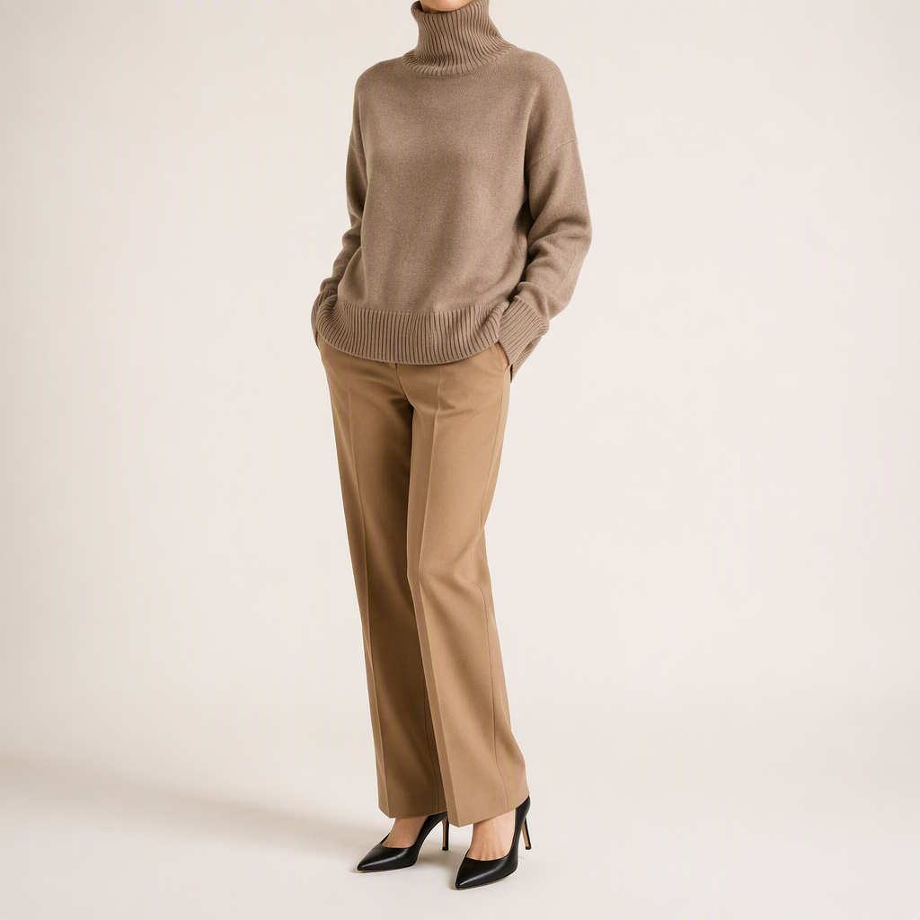 Reba | Womens Turtleneck Knit Long Sleeve Sweater, Khaki