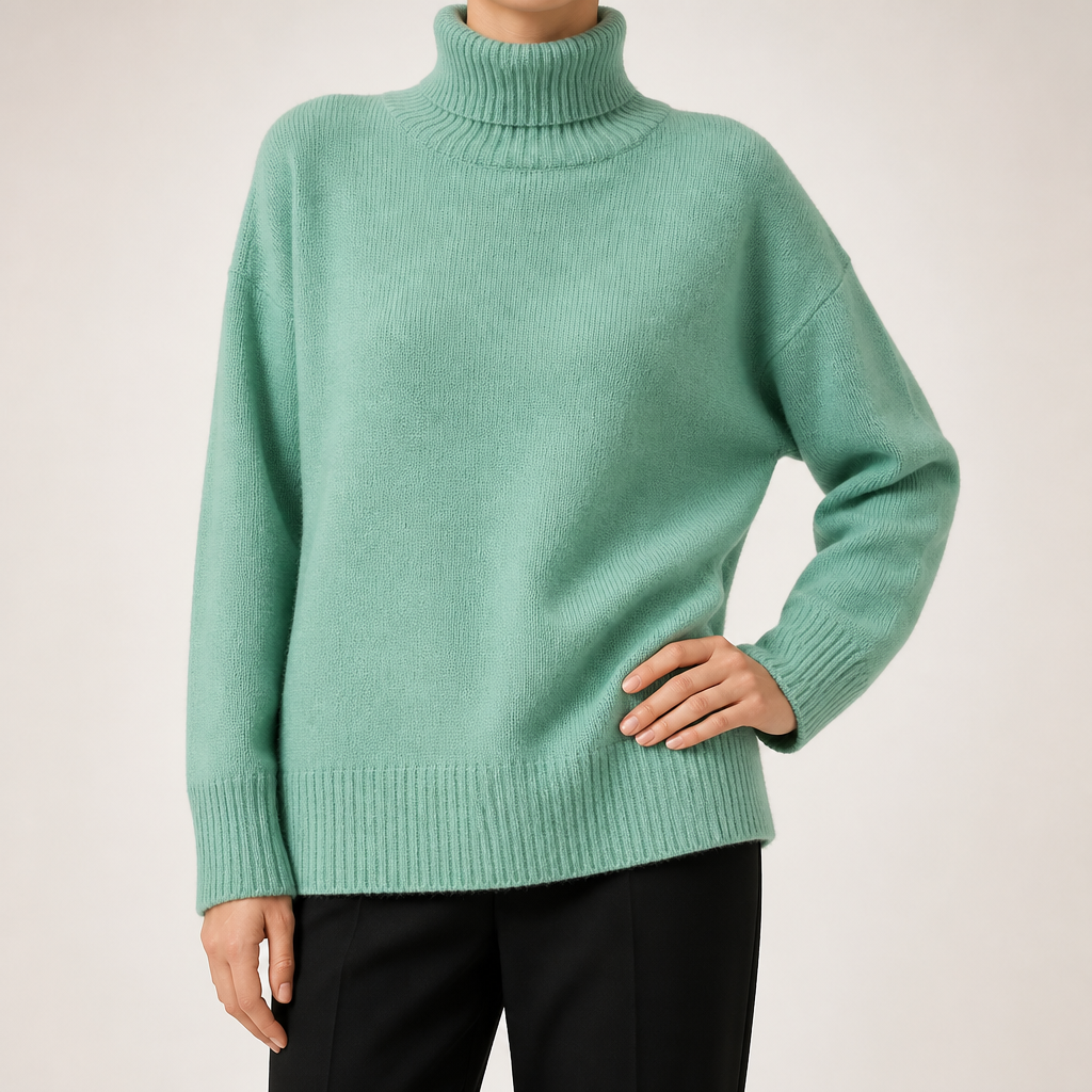 Reba | Womens Turtleneck Knit Long Sleeve Sweater, Cyan