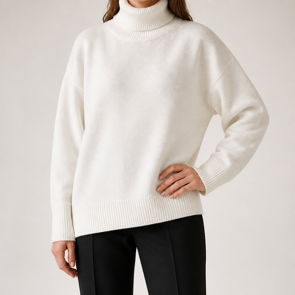 Reba | Womens Turtleneck Knit Long Sleeve Sweater, Off White