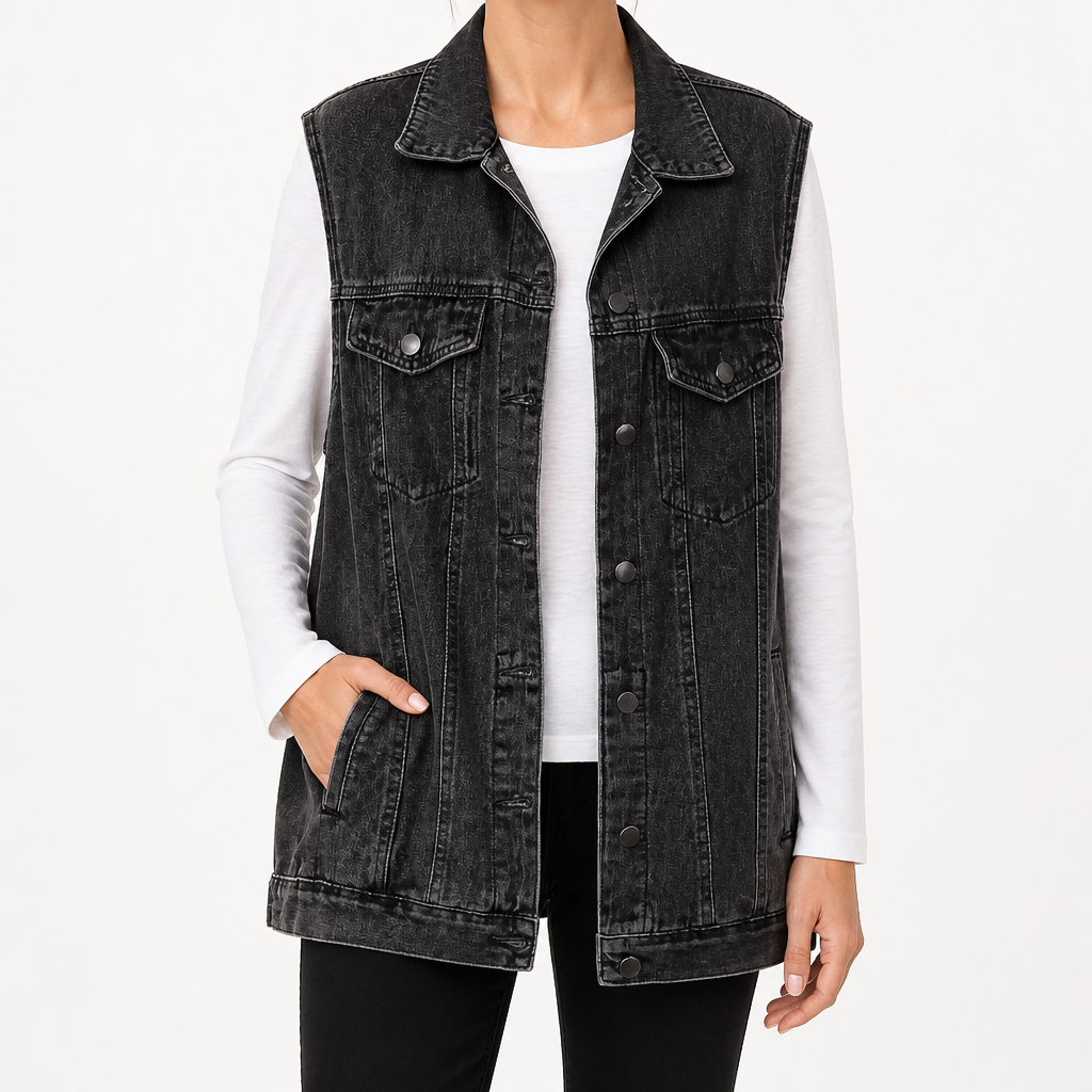 Reese | Womens Vintage Sleeveless Denim Vest, Charcoal