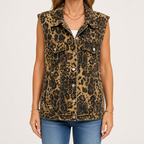 Reese | Womens Vintage Sleeveless Denim Vest, Leopard Print