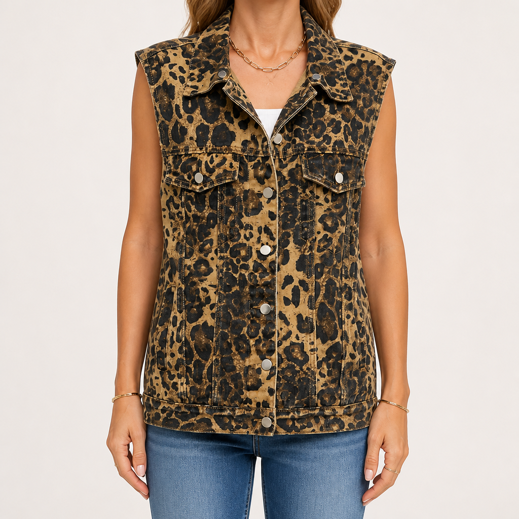 Reese | Womens Vintage Sleeveless Denim Vest, Leopard Print