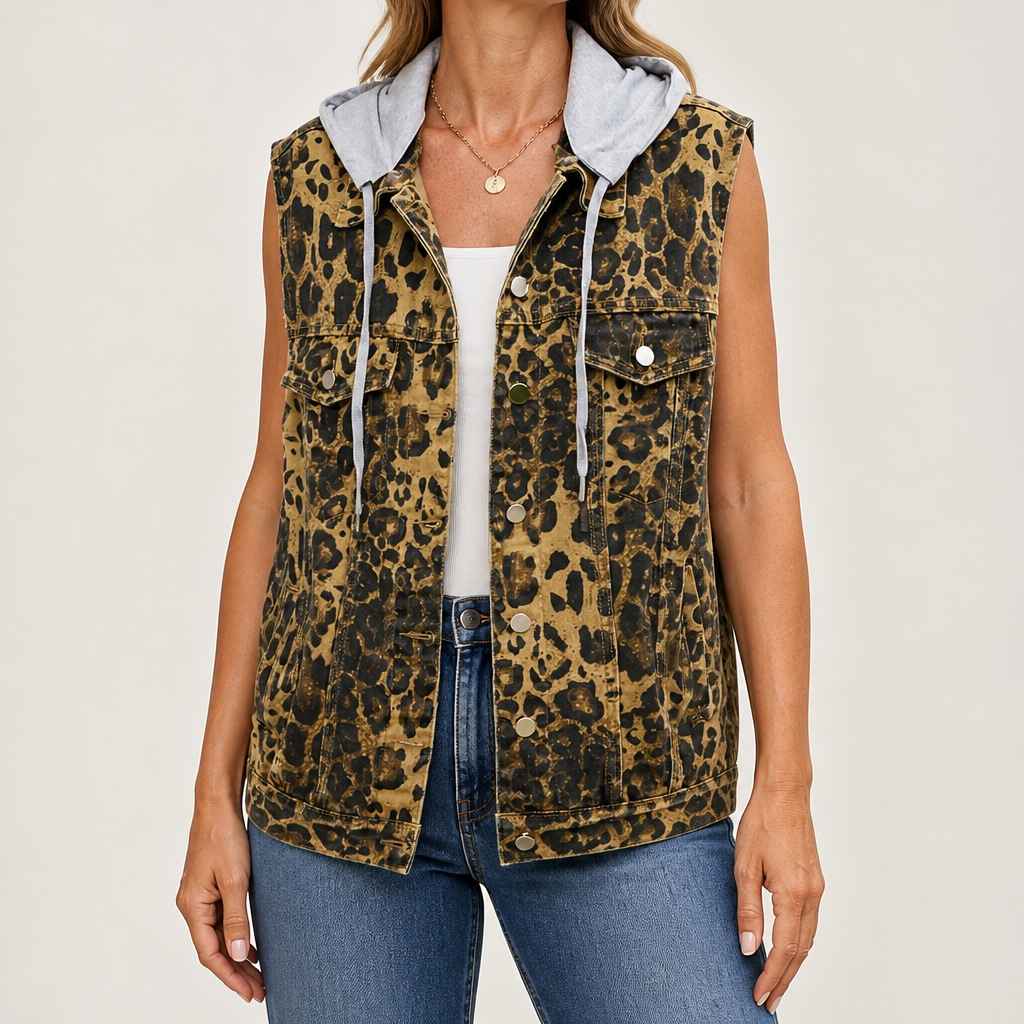 Reese | Womens Vintage Sleeveless Denim Vest, Leopard Print 2