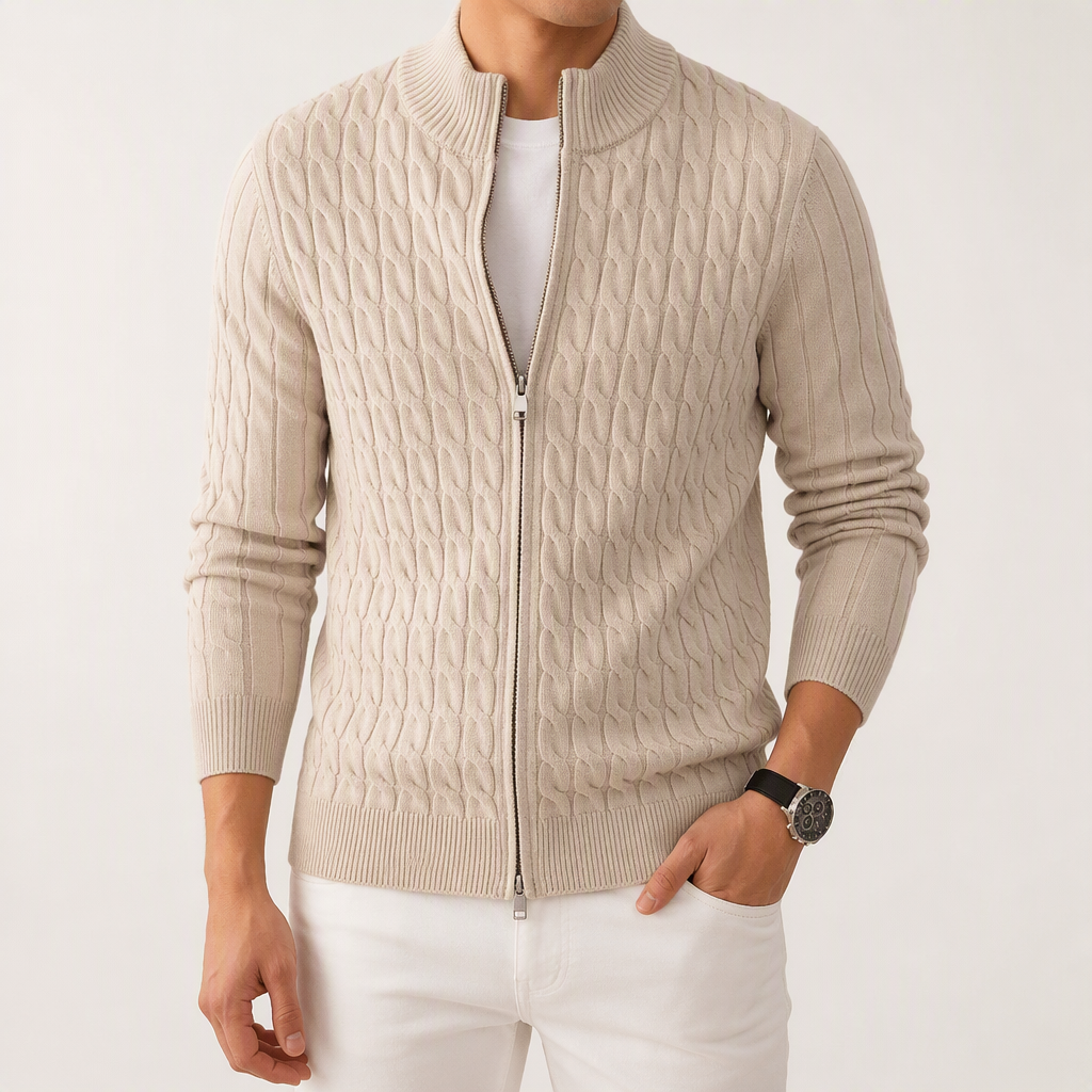 Remy | Mens Heavyweight Jacquard Knit Cardigan Sweater Thick Warm Jacket, Apricot