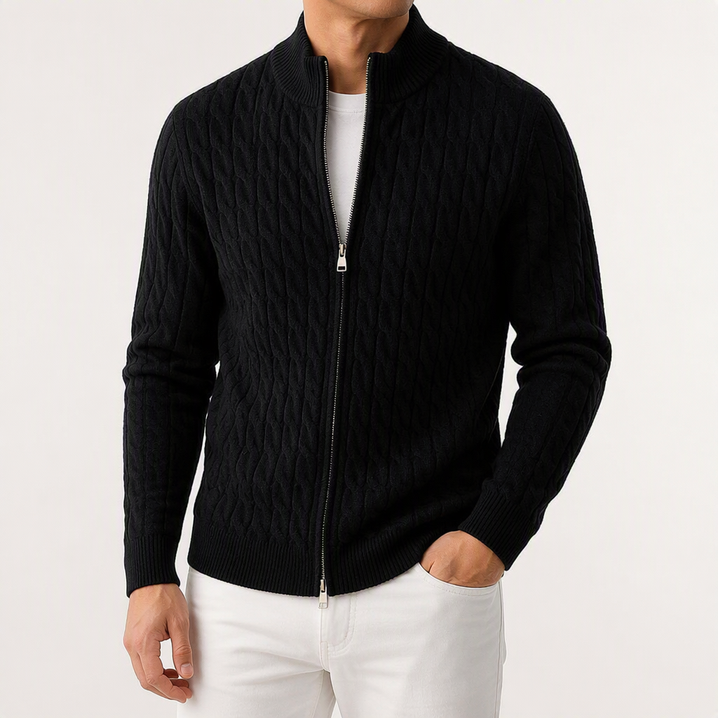 Remy | Mens Heavyweight Jacquard Knit Cardigan Sweater Thick Warm Jacket, Black