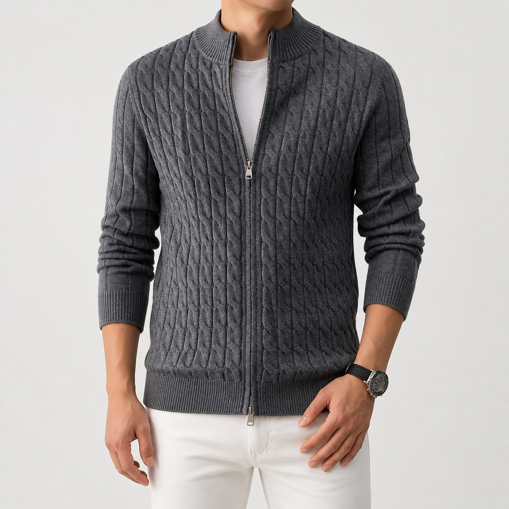 Remy | Mens Heavyweight Jacquard Knit Cardigan Sweater Thick Warm Jacket, Grey