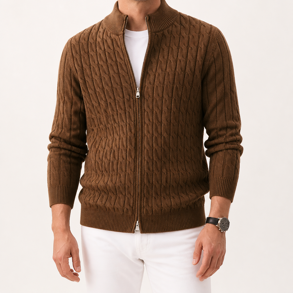 Remy | Mens Heavyweight Jacquard Knit Cardigan Sweater Thick Warm Jacket, Mocha
