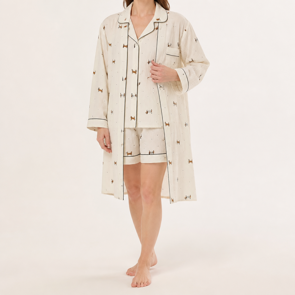 Rena | Womens Cotton Three Piece Loungewear Pajama Set, Cream