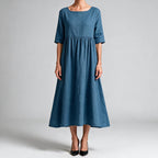 Saoirse | Womens Wedding Guest Summer Midi Cotton Linen Round Neck Dresses