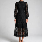 Genevieve | Womens Wedding Guest Lace A-Line Puff Sleeve Dresses Black