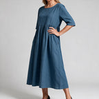 Saoirse | Womens Wedding Guest Summer Midi Cotton Linen Round Neck Dresses