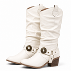 Romilly | Womens Cowboy Boots Studded Chunky Heel Western Long Boots White packshot