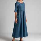 Saoirse | Womens Wedding Guest Summer Midi Cotton Linen Round Neck Dresses