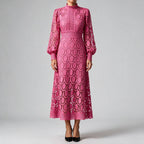 Genevieve | Womens Wedding Guest Lace A-Line Puff Sleeve Dresses Rose