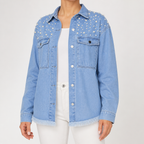 Eleanor | Womens Oversized Beaded Frayed Denim Jacket, Light Blue