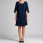 Antonia | Womens Wedding Guest Midi Dresses Round Neck Tiered Patchwork Dress Navy Blue