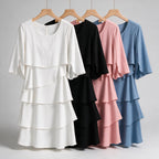 Antonia | Womens Wedding Guest Midi Dresses Round Neck Tiered Patchwork Dress on hanger