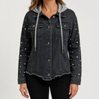 Cordelia | Womens Hooded Beaded Denim Jacket, Charcoal Grey 2