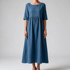 Saoirse | Womens Wedding Guest Summer Midi Cotton Linen Round Neck Dresses Blue