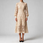 Genevieve | Womens Wedding Guest Lace A-Line Puff Sleeve Dresses Apricot