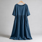 Saoirse | Womens Wedding Guest Summer Midi Cotton Linen Round Neck Dresses on hanger