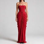 Freya | Womens Strapless Pleated Slit Maxi Wedding Guest Black Tie Summer Dresses Wine Red