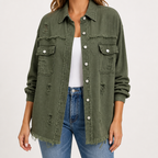 Genevieve | Womens Ripped Longline Denim Jacket, Army Green