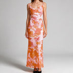 Saskia | Womens Floral Print Strappy Sleeveless Summer Slip Wedding Guest Dresses Orange