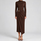 Petra | Womens Wedding Guest Long Sleeve Bodycon Midi Prom Dress Dark Brown