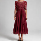 Isla | Womens Wedding Guest Dress Bridesmaid Cocktail Midi Lace Chiffon Dress Wine Red