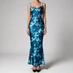 Saskia | Womens Floral Print Strappy Sleeveless Summer Slip Wedding Guest Dresses Lake Blue