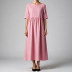 Saoirse | Womens Wedding Guest Summer Midi Cotton Linen Round Neck Dresses Pink